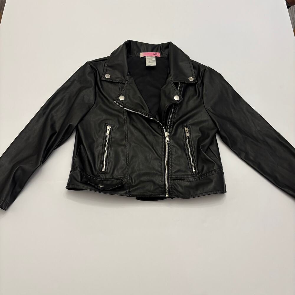 2 Hip Girls Size 12 Black Faux Leather Moto Jacket Biker Cropped Silver Zip